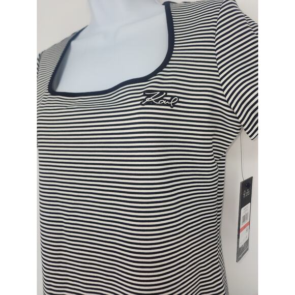 Karl Lagerfeld Paris Striped Knit Pleated Hem Dress Black White XS NWT - Picture 4 of 15